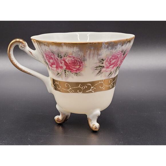 Tea Cup Porcelain Japan Roses Gold Gilt Three Footed Pink Green Floral 50s - Picture 1 of 10